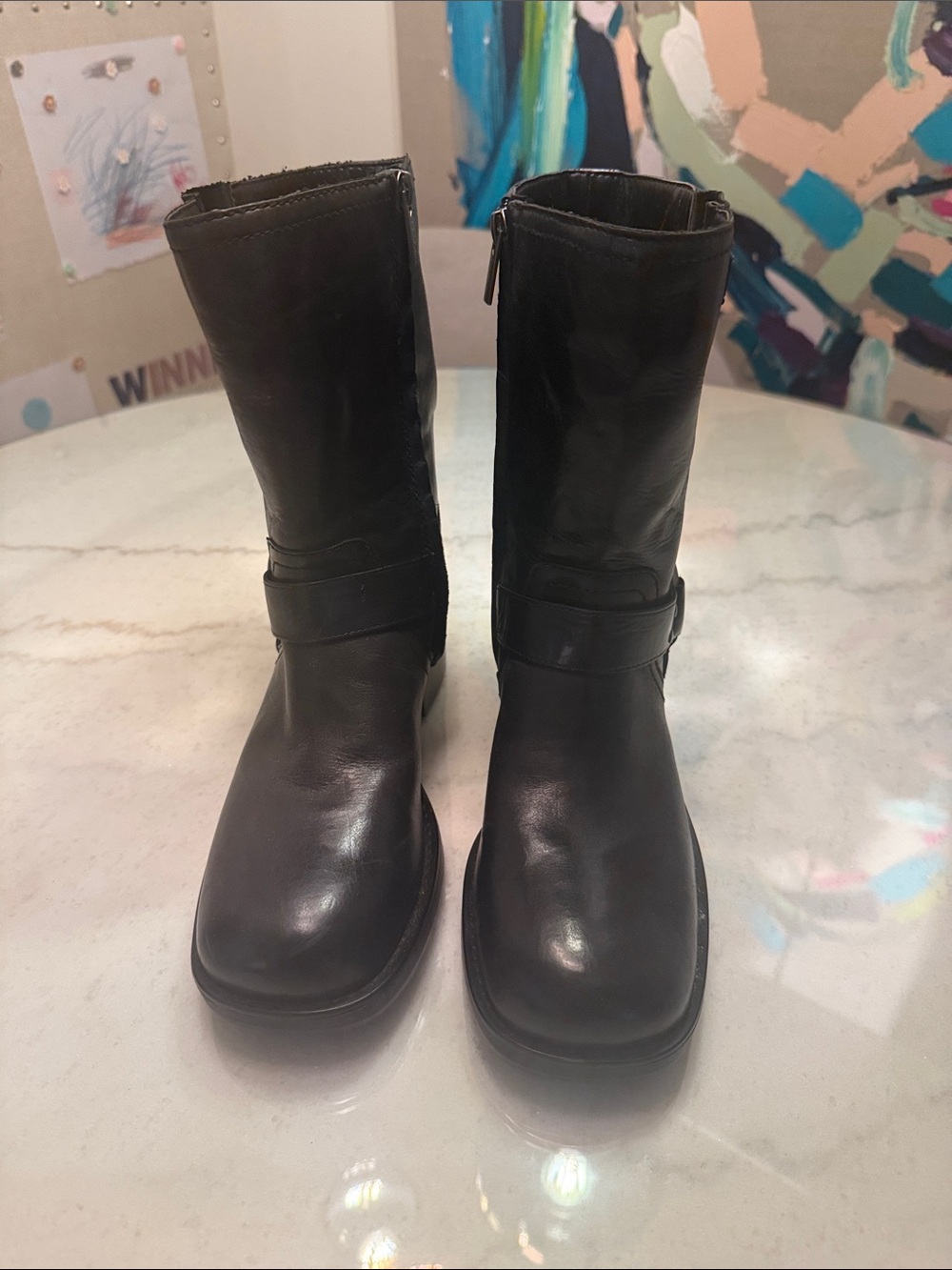 Vince Camuto Black Leather Mid-Calf Combat Boots